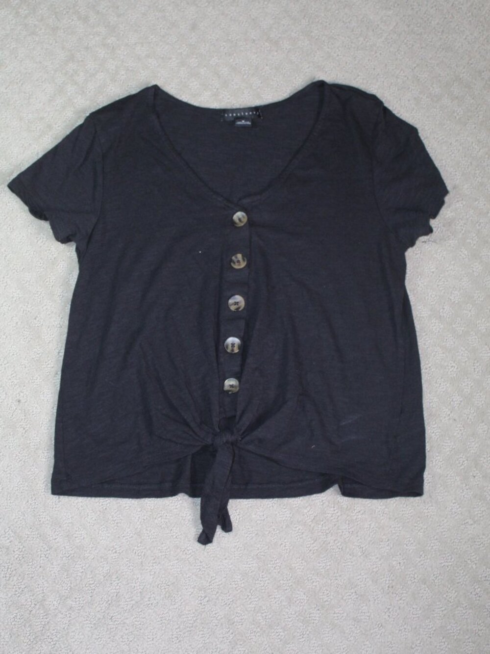 Sanctuary Size M Black Knit Short Sleeve Large Button Front Tie Round Neck Top